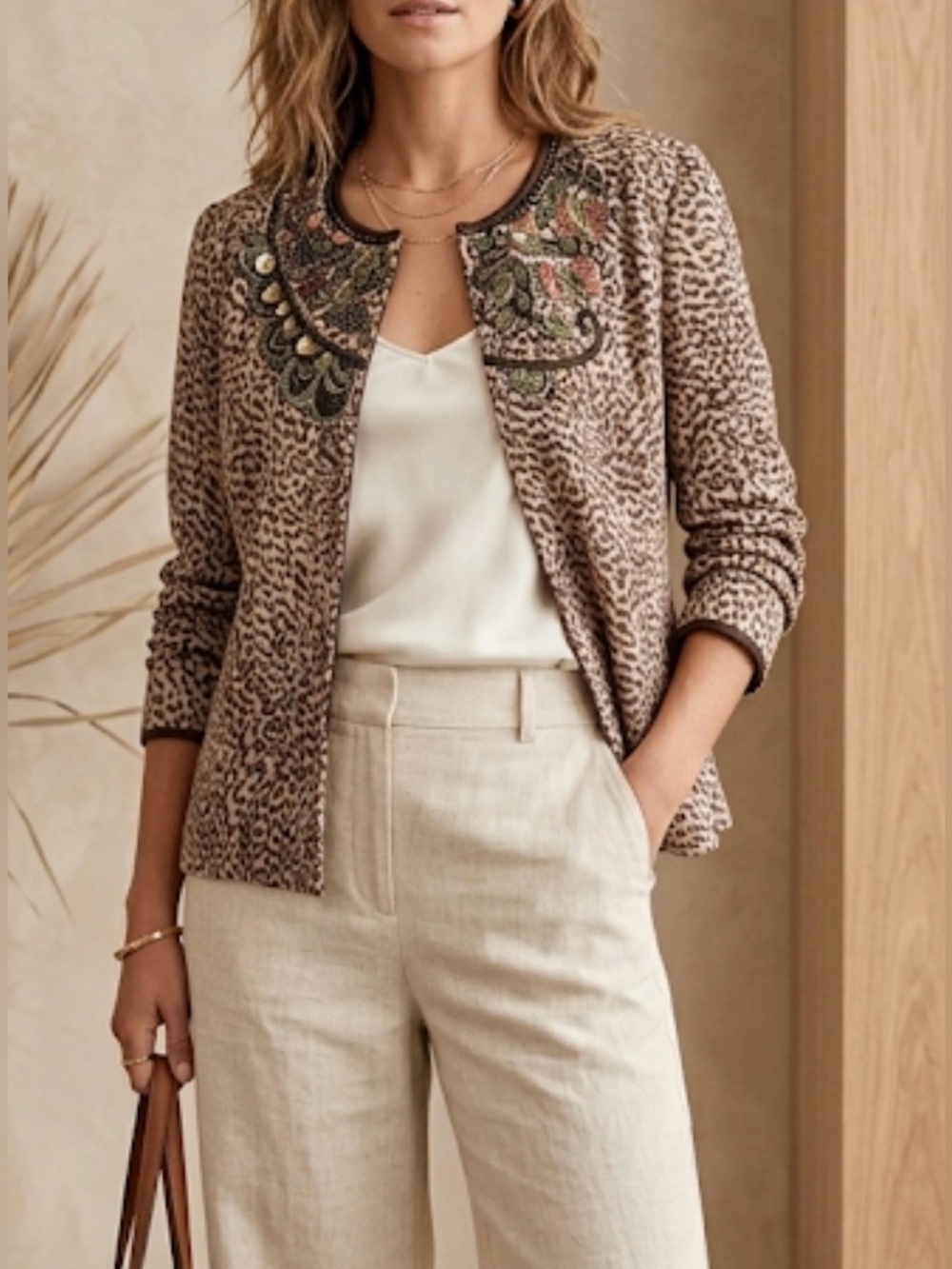 Chicos Embellished Animal Print Jacket Women's Size 2 L FORMAL CHURCH WEDDING